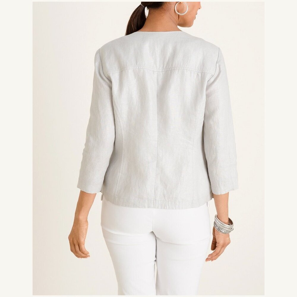Chicos 100% Linen Foiled Jacket Metallic Silver Gray Neutrals Zip Up Lightweight - Picture 3 of 10